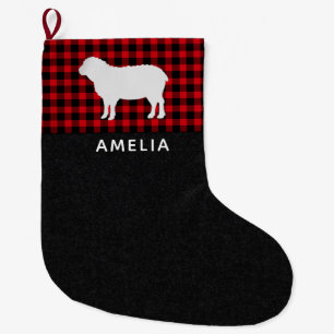 Rood & Zwart Buffalo Plaid Schaap Gepersonaliseerd Grote Kerstsok