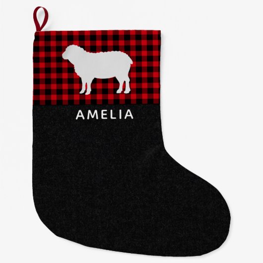 Rood & Zwart Buffalo Plaid Schaap Gepersonaliseerd Grote Kerstsok (Voorkant)