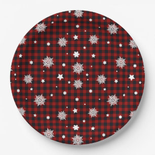 Rood Zwart Buffalo Plaid Sneeuwvlok Winter Kerstmi Papieren Bordje