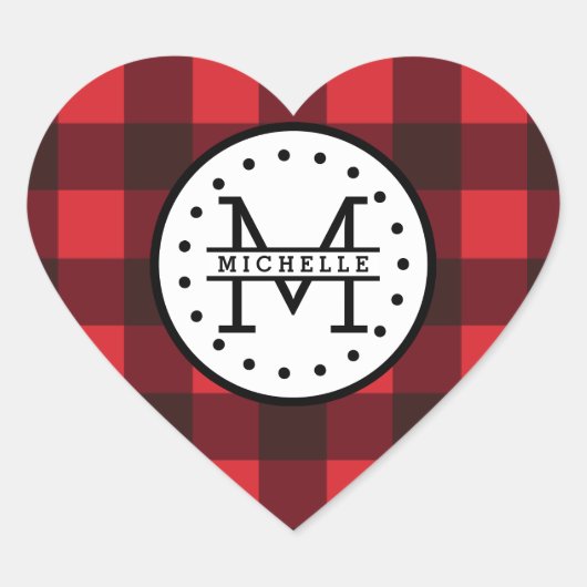 Rood zwart Buffalo Pset Lumberjack Name Monogram Hart Sticker (Voorkant)