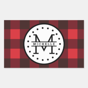 Rood zwart Buffalo Pset Lumberjack Name Monogram Rechthoekige Sticker