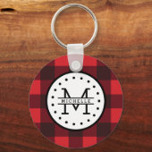 Rood zwart Buffalo Pset Lumberjack Name Monogram Sleutelhanger (Voorkant)