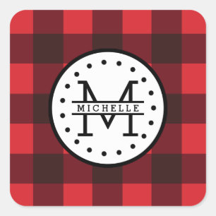 Rood zwart Buffalo Pset Lumberjack Name Monogram Vierkante Sticker