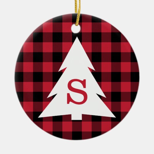 Rood Zwart Buffel Controleer Monogram Kerstboom Keramisch Ornament (Voorkant)
