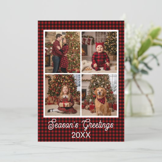 Rood & Zwart Buffel Plaid Aangepaste Naam en Tekst Feestdagenkaart (Staand voorkant)