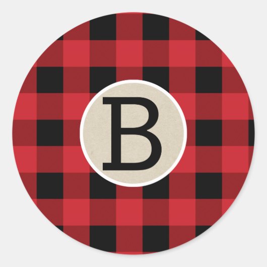 Rood Zwart Buffel Plaid Checker Kraft Monogram Ronde Sticker (Voorkant)