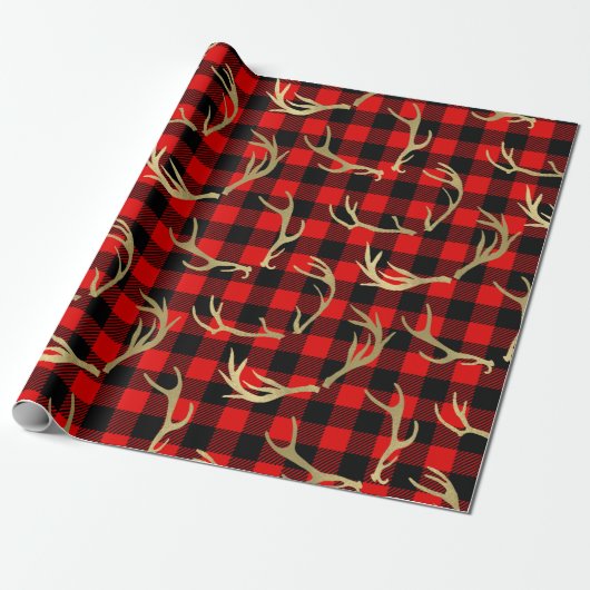 Rood & Zwart Buffel Plaid & Gouden Hertengewei Cadeaupapier (Uitgerold)