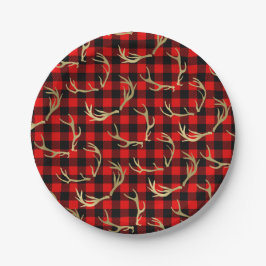 Rood & Zwart Buffel Plaid & Gouden Hertengewei Papieren Bordje
