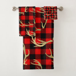 Rood & Zwart Buffel Plaid & Gouden Hertengeweien Bad Handdoek