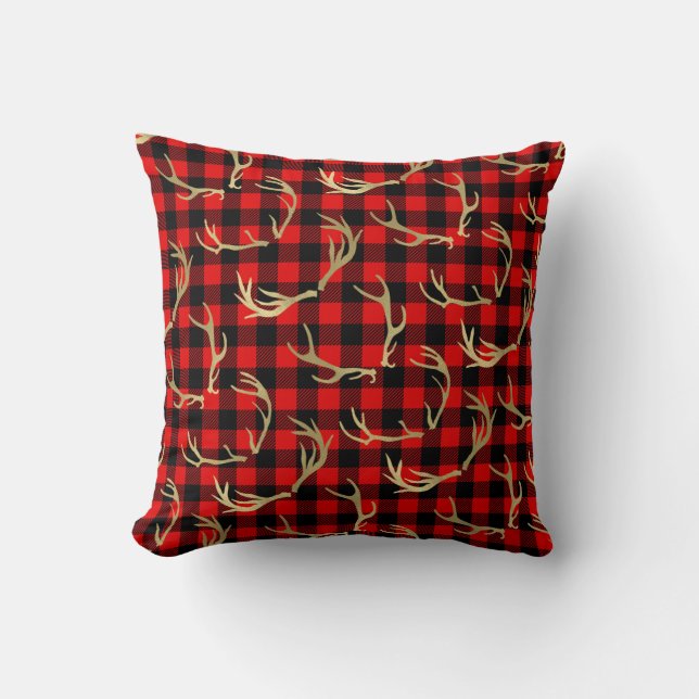 Rood & Zwart Buffel Plaid & Gouden Hertengeweien Kussen (Voorkant)
