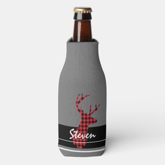 Rood Zwart Buffel Plaid Hertenjager Gepersonalisee Flesjeskoeler (Fles Voorkant)