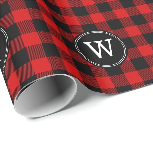 Rood Zwart Buffel Plaid Lumberjack 1IR Monogram Cadeaupapier (Rol Hoek)