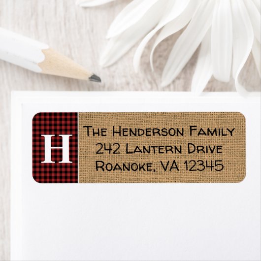 Rood, Zwart Buffel Plaid Monogram Adreslabel Etiket (Insitu)