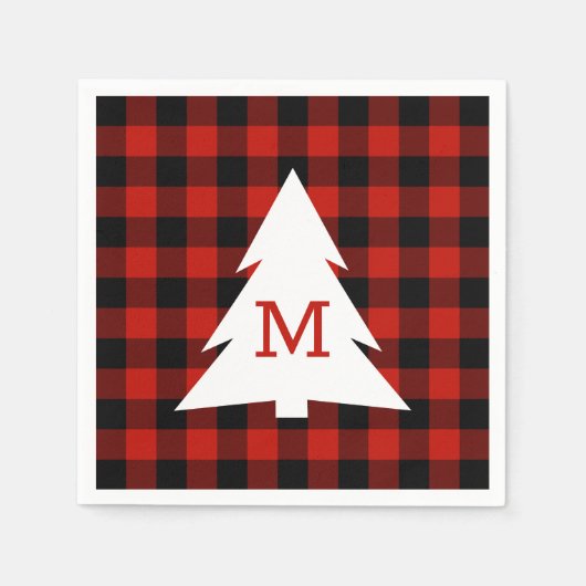 Rood Zwart Buffel Plaid Monogram Vakantie Party Servet (Voorkant)