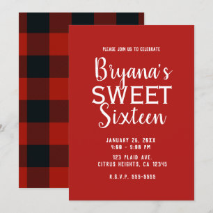 Rood & Zwart Buffel Plaid Sweet 16 Verjaardagsfees Kaart