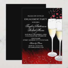 Rood Zwart Champagne & Harten Verlovingsfeest Kaart