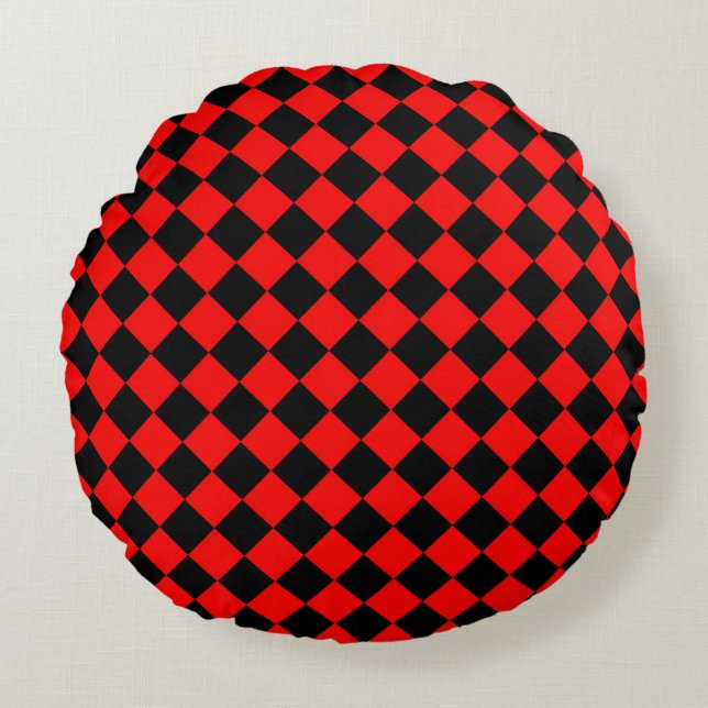 Rood Zwart Checker Diamant Patroon Rond Kussen (Voorkant)