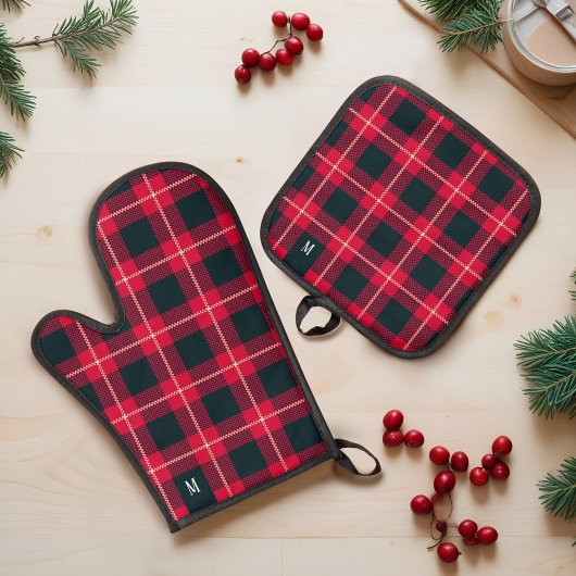 Rood & Zwart Checkerboard Buffel Plaid Monogram Ovenwant & Pannenlap Set