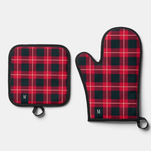 Rood & Zwart Checkerboard Buffel Plaid Monogram Ovenwant & Pannenlap Set (Voorkant)