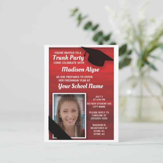 Rood Zwart College Koffer Feest Foto Uitnodiging Briefkaart (Staand voorkant)