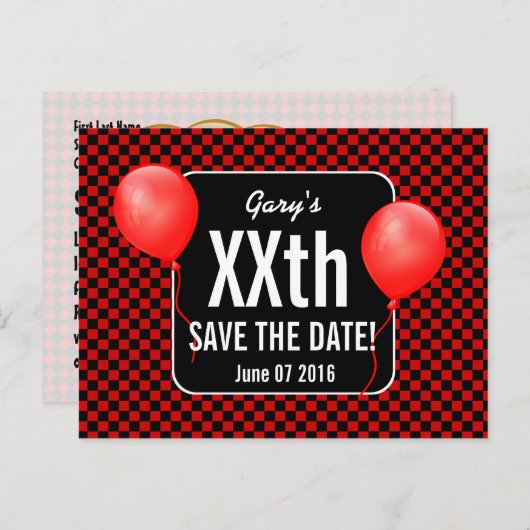 ROOD ZWART CONTROLEERT Ballonnen Elk Jaar Verjaard Aankondigingskaart (Voorkant / Achterkant)