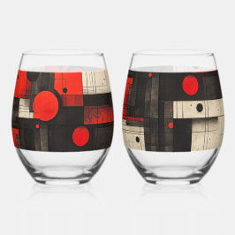 Rood Zwart Crème Geometrisch Patroon Wijnglas Zonder Voet