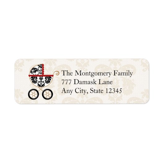 ROOD ZWART DAMASK BABY CARRIAGE RETOURADRES ETIKET (Voorkant)