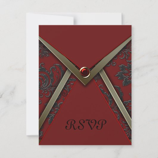 Rood Zwart Damask Gold Trim RSVP-kaart RSVP Kaartje (Voorkant)