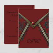 Rood Zwart Damask Gold Trim RSVP-kaart RSVP Kaartje (Voorkant / Achterkant)