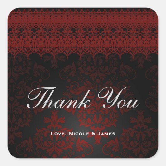Rood & Zwart Damask Gothic Donker Romantisch Kant Vierkante Sticker (Voorkant)