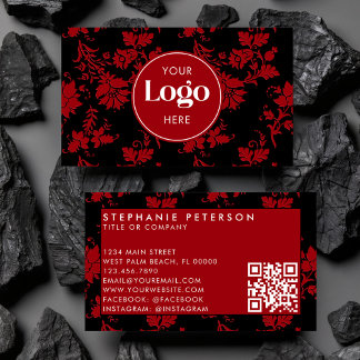Rood & Zwart Damast Aangepaste Logo QR Code Sjablo Visitekaartje