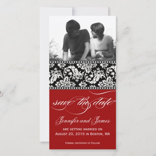Rood Zwart Damast Bewaar de datum fotokaart Save The Date (Voorkant)