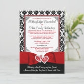 Rood, Zwart Damast Liefde Harten Bruiloft Kaart (Staand voorkant)