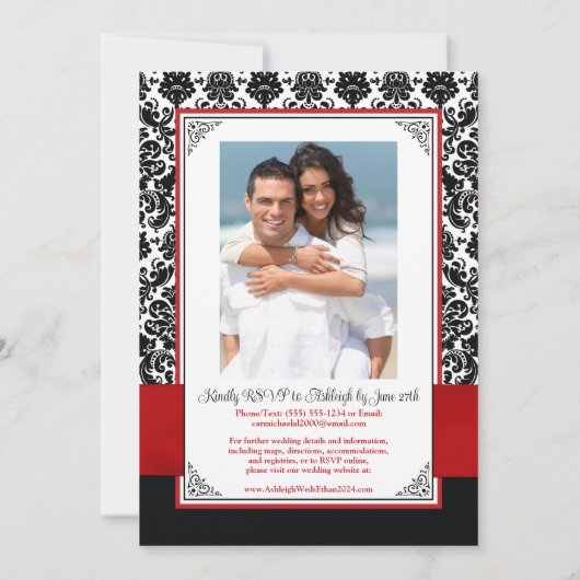 Rood, Zwart Damast Liefde Harten Bruiloft Kaart (Achterkant)