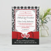 Rood, Zwart Damast Liefde Harten Bruiloft Kaart (Staand voorkant)