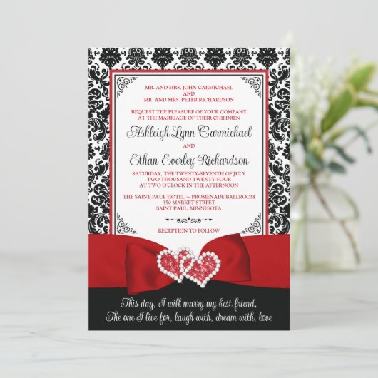 Rood, Zwart Damast Liefde Harten Bruiloft Kaart (Staand voorkant)