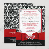 Rood, Zwart Damast Liefde Harten Bruiloft Kaart (Voorkant / Achterkant)