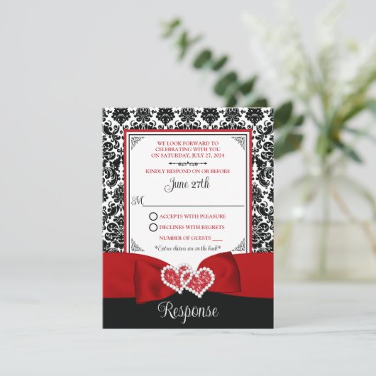 Rood, Zwart Damast Love Hearts RSVP-kaart Kaart (Staand voorkant)