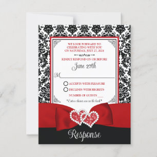 Rood, Zwart Damast Love Hearts RSVP-kaart Kaart