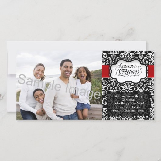 Rood/Zwart Damast Vakantie Feestdagenkaart (Voorkant)