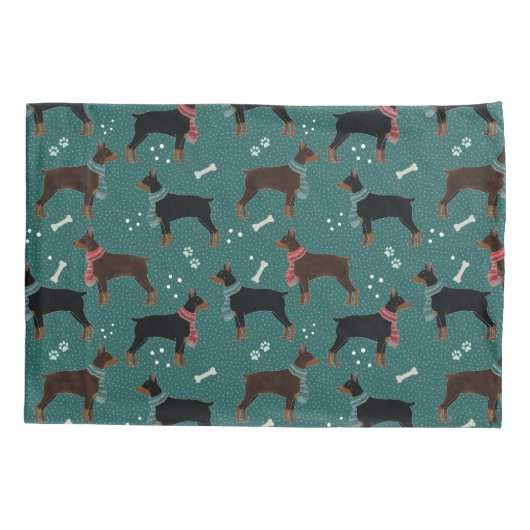 Rood & Zwart Dobermans in Sjaals Winterpatroon Kussensloop (Achterkant)