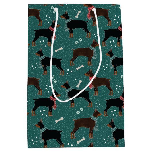 Rood & Zwart Dobermans in Sjaals Winterpatroon Medium Cadeauzakje (Voorkant)