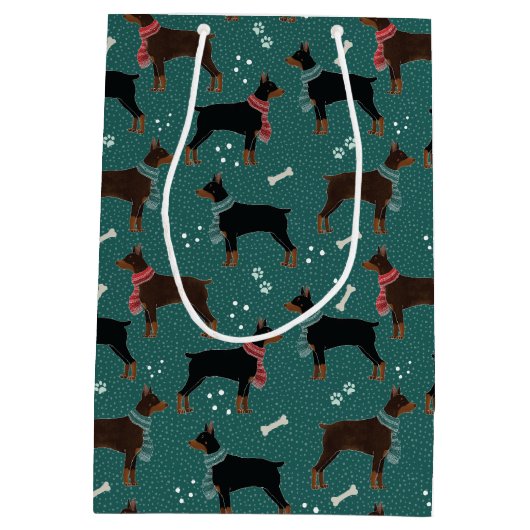 Rood & Zwart Dobermans in Sjaals Winterpatroon Medium Cadeauzakje (Achterkant)