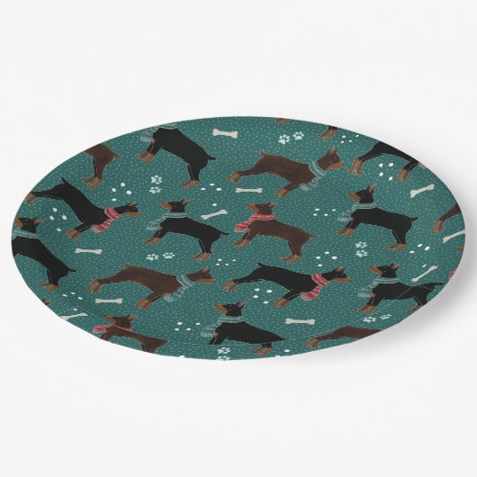 Rood & Zwart Dobermans in Sjaals Winterpatroon Papieren Bordje (Gekanteld)