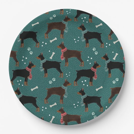 Rood & Zwart Dobermans in Sjaals Winterpatroon Papieren Bordje (Voorkant)