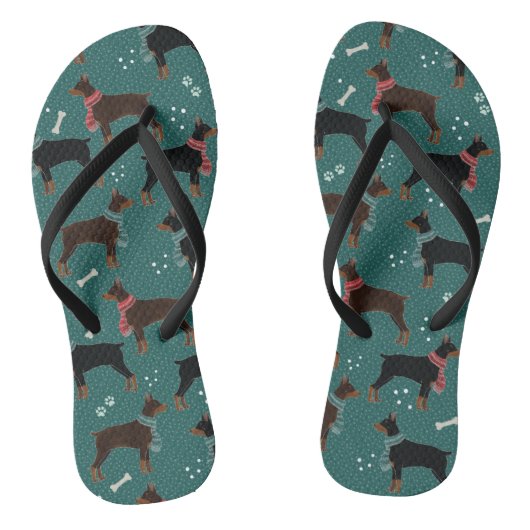 Rood & Zwart Dobermans in Sjaals Winterpatroon Teenslippers (Voetbed)