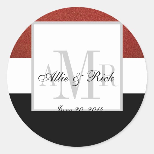 Rood Zwart Drie Monogram Bruiloft Seal Ronde Sticker (Voorkant)