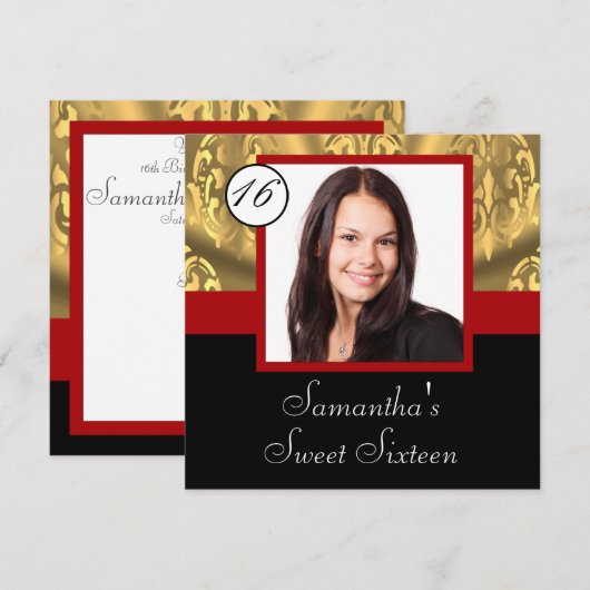 Rood, zwart en goud foto lief zestien kaart (Voorkant / Achterkant)