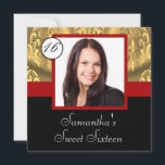 Rood, zwart en goud foto lief zestien kaart<br><div class="desc">Personaliseer deze coole moderne rode, zwarte en gouden bling sweet sixteen verjaardagsfeestje uitnodigen met uw eigen aangepaste tekst sjablonen en modern instagram of andere camera telefoon foto, aan de sjabloon, andere foto afmetingen kunnen passen, maar moeten mogelijk worden aangepast om aan te passen. Maak een echt unieke persoonlijke uitnodiging voor...</div>