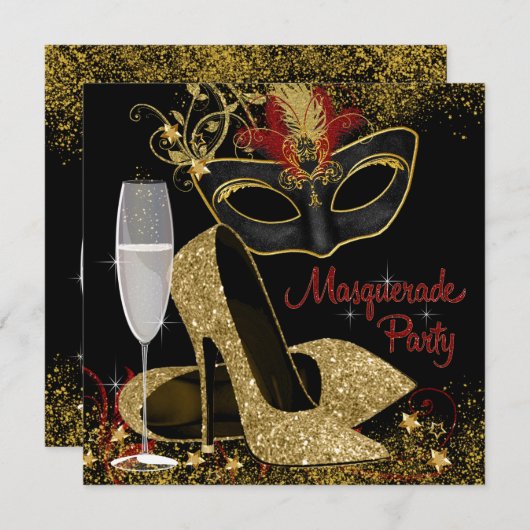 Rood zwart en goud gemaskerde verjaardagsfeestje kaart (Voorkant / Achterkant)